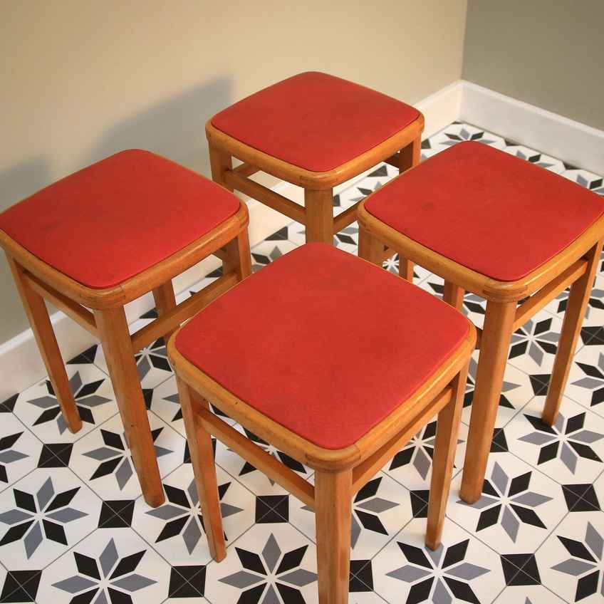 Vintage Mid Century 50s Beech & Leatherette Stool #103213 | Vinterior