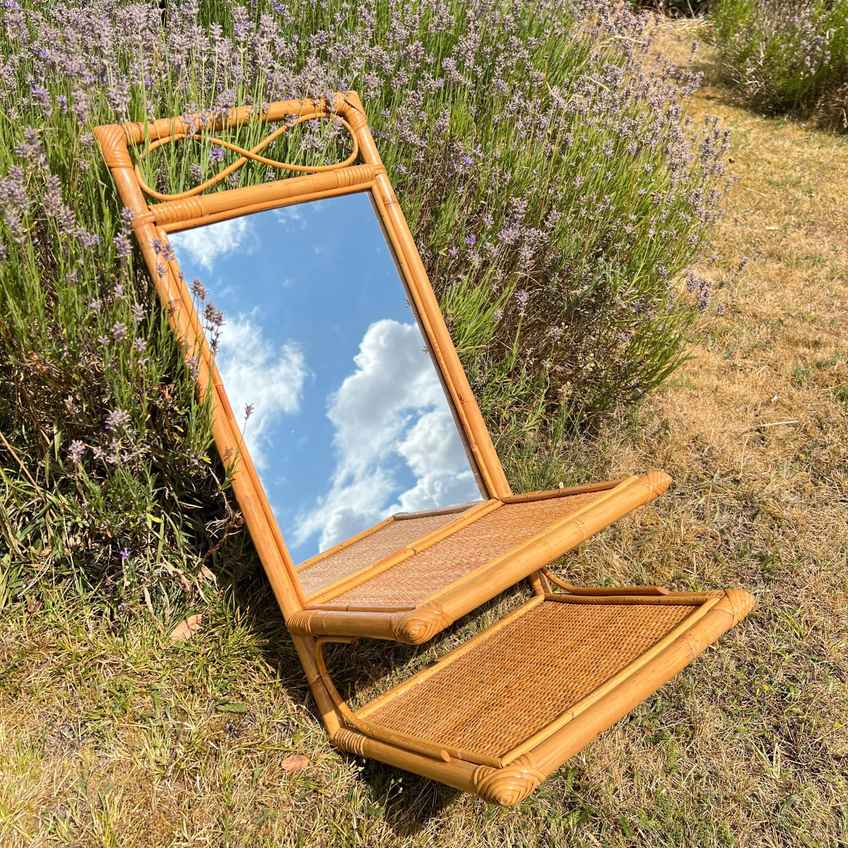Mid Century Bamboo Cane Tilted Mirror, Vintage Rattan Self
