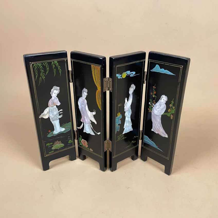 Vintage Wood Folding Table With Glass Top Covering Tapestry