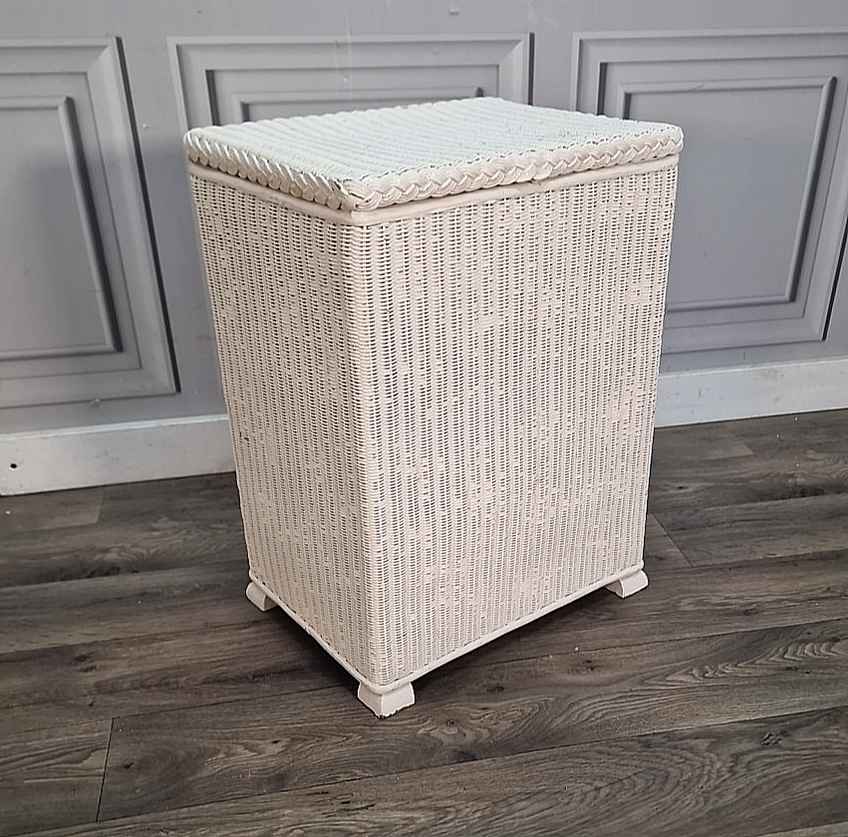 Vintage Retro Lloyd Loom Style Linen Basket Glass Top Plant Stand