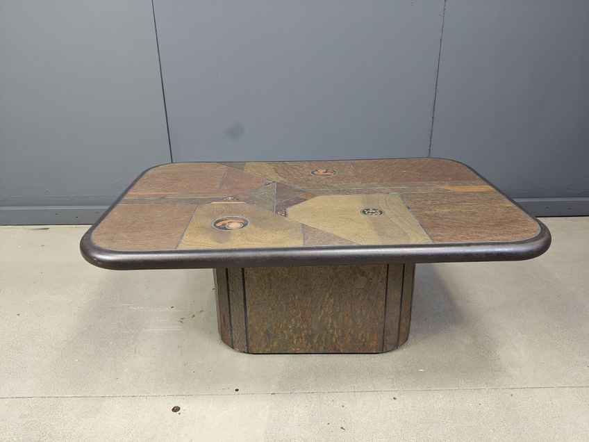 Brutalist Slate And Stone Coffee Table With Copper Inlay In The