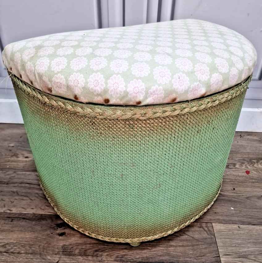 Vintage Retro Lloyd Loom Style Linen Basket Glass Top Plant Stand